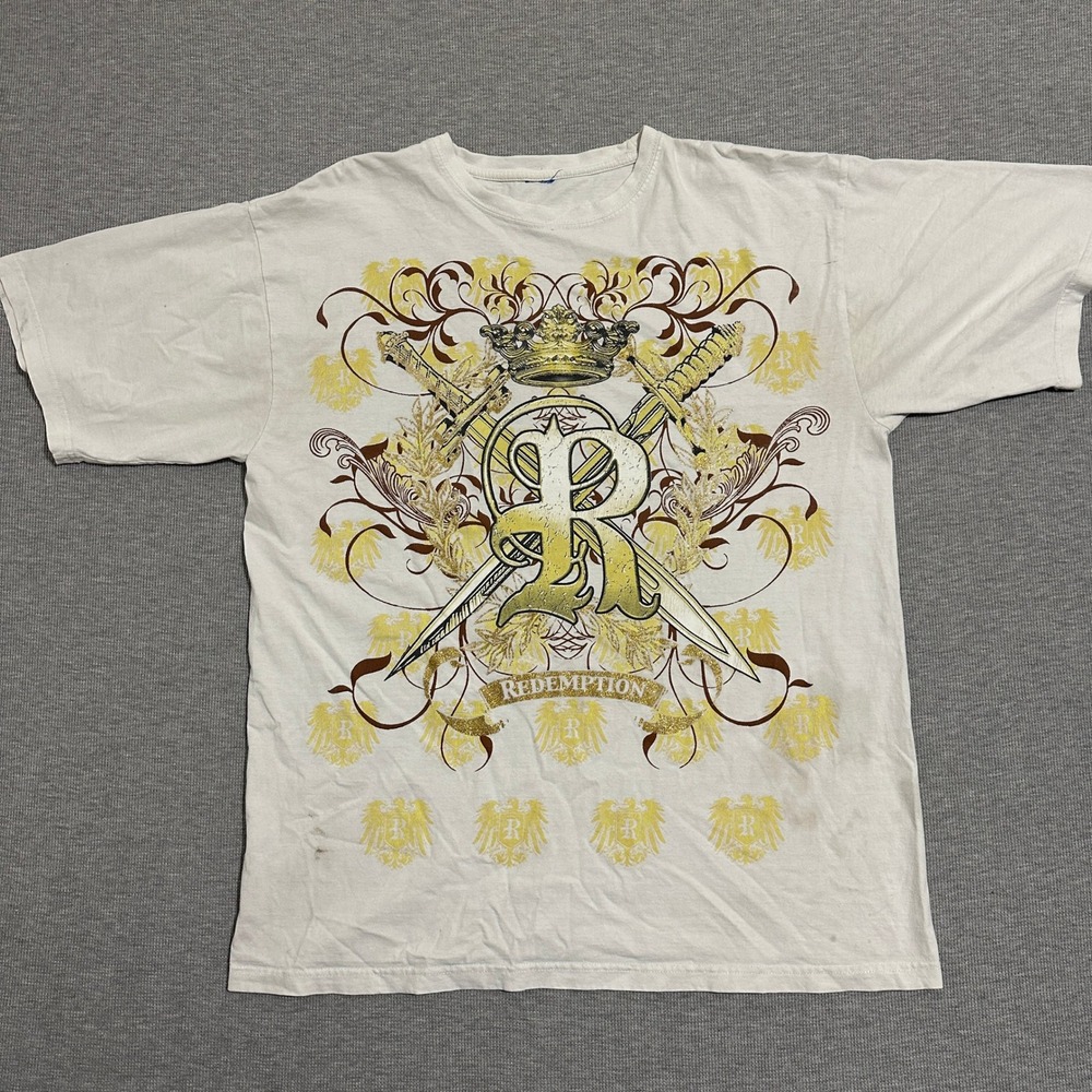 Redemption Graphic T-Shirt Gold‎ Medieval Crest Swords Crown Y2K White Mens XL